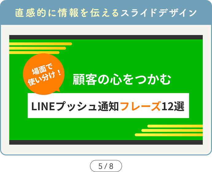 【SAMPLE03 直感的に情報を伝えるスライドデザイン】カルーセル5ページ目の図解デザインサンプル画像「場面で使い分け！顧客の心をつかむLINEプッシュ通知フレーズ12選」