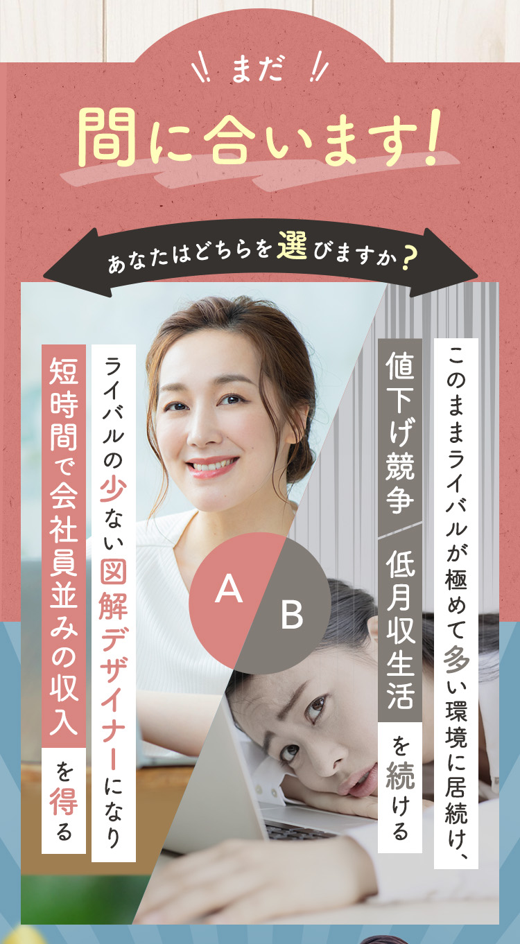 まだ間に合います！あなたはどちらを選びますか？ A：ライバルの少ない図解デザイナーになり短時間で会社員並みの収入を得る B：このままライバルが極めて多い環境に居続け、値下げ競争/低月収生活を続ける