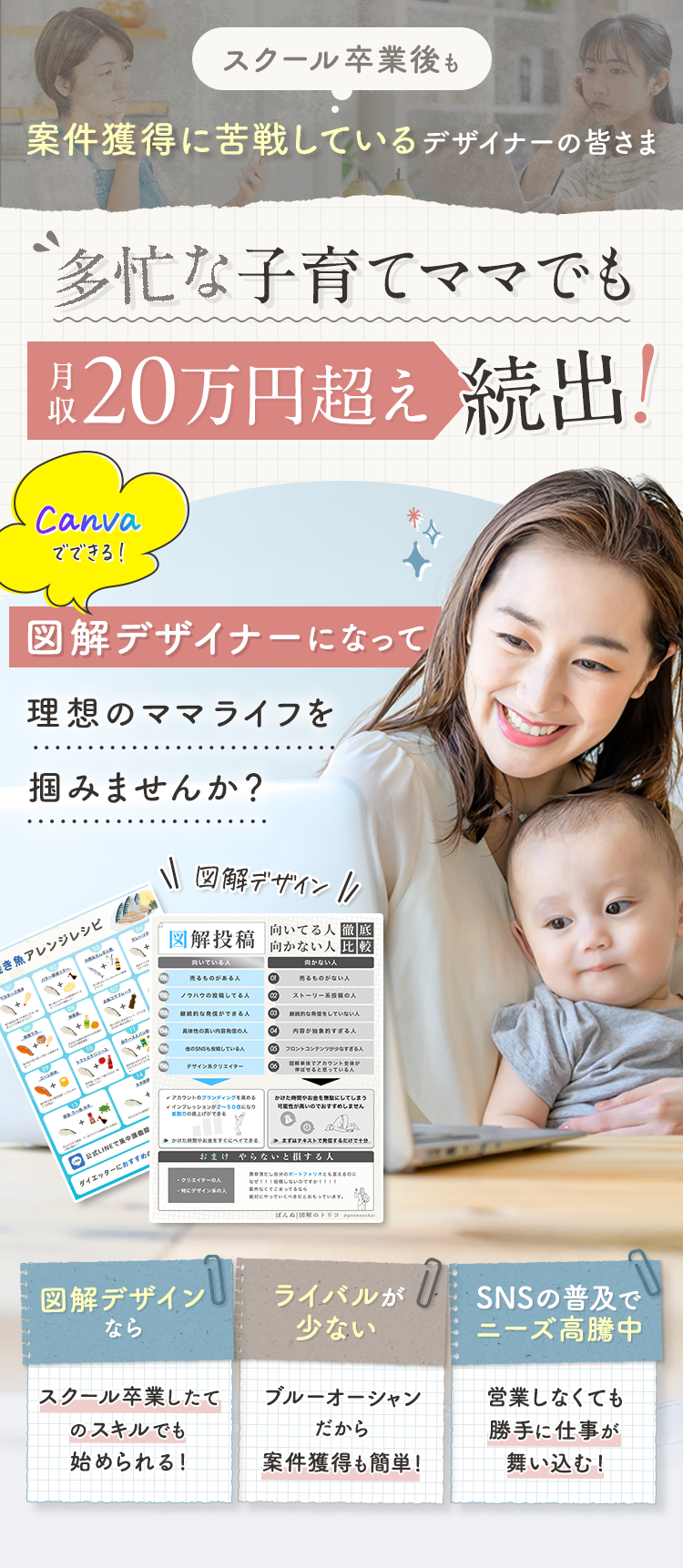 「スクール卒業後も案件獲得に苦戦しているデザイナーの皆さま」多忙な子育てママでも月収20万円超え続出！ canvaでできる！図解デザイナーになって理想のママライフを掴みませんか？