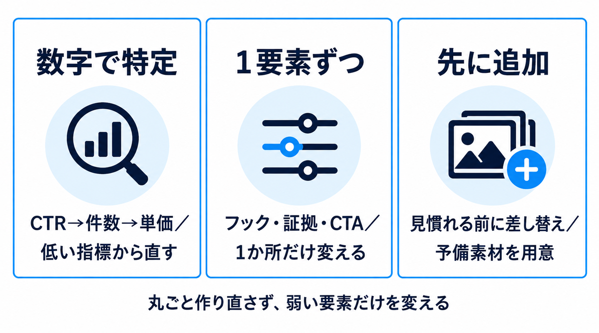 数字で弱い要素を特定し、1要素ずつ比べ、反応が落ちる前に素材を足す